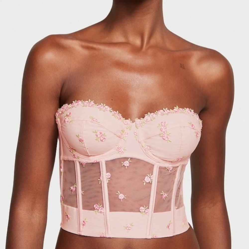 NWT Victoria’s Secret Rosebud Embroidery Unlined Strapless Plunge-Back Corset